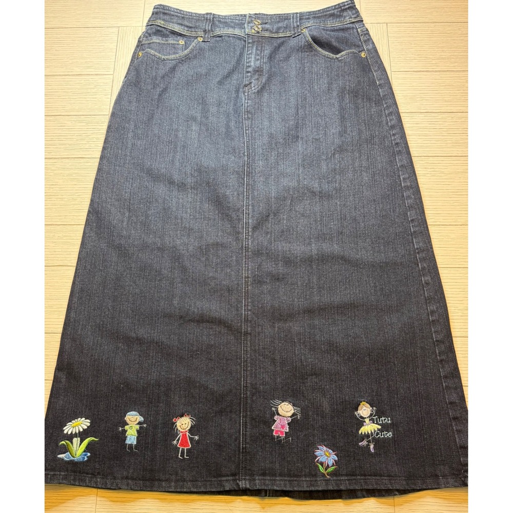 Baccini Women 90s Embroidered Butterfly Kids Flower Denim Maxi Skirt Sz 12 Boho